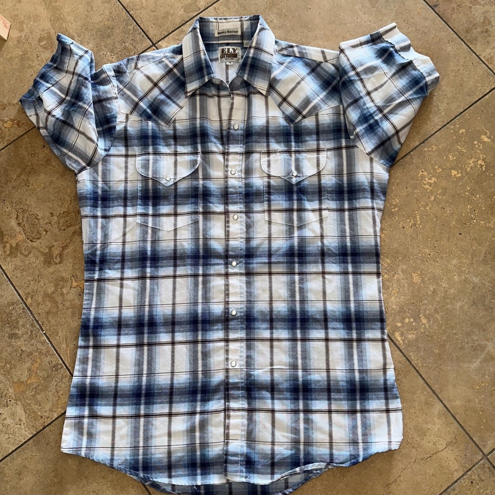 ELY CATTLEMAN Men's Blue Plaid pearl Snap Button Shirt Size M Wrinkle‎ Resistant